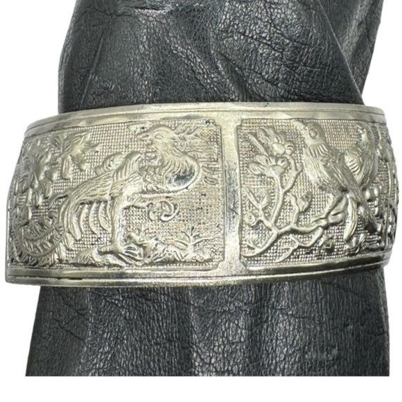 Tibetan Silver Bangle Cuff Bracelet with Peacocks, Love Birds and Deer Scenes - Picture 2 of 11